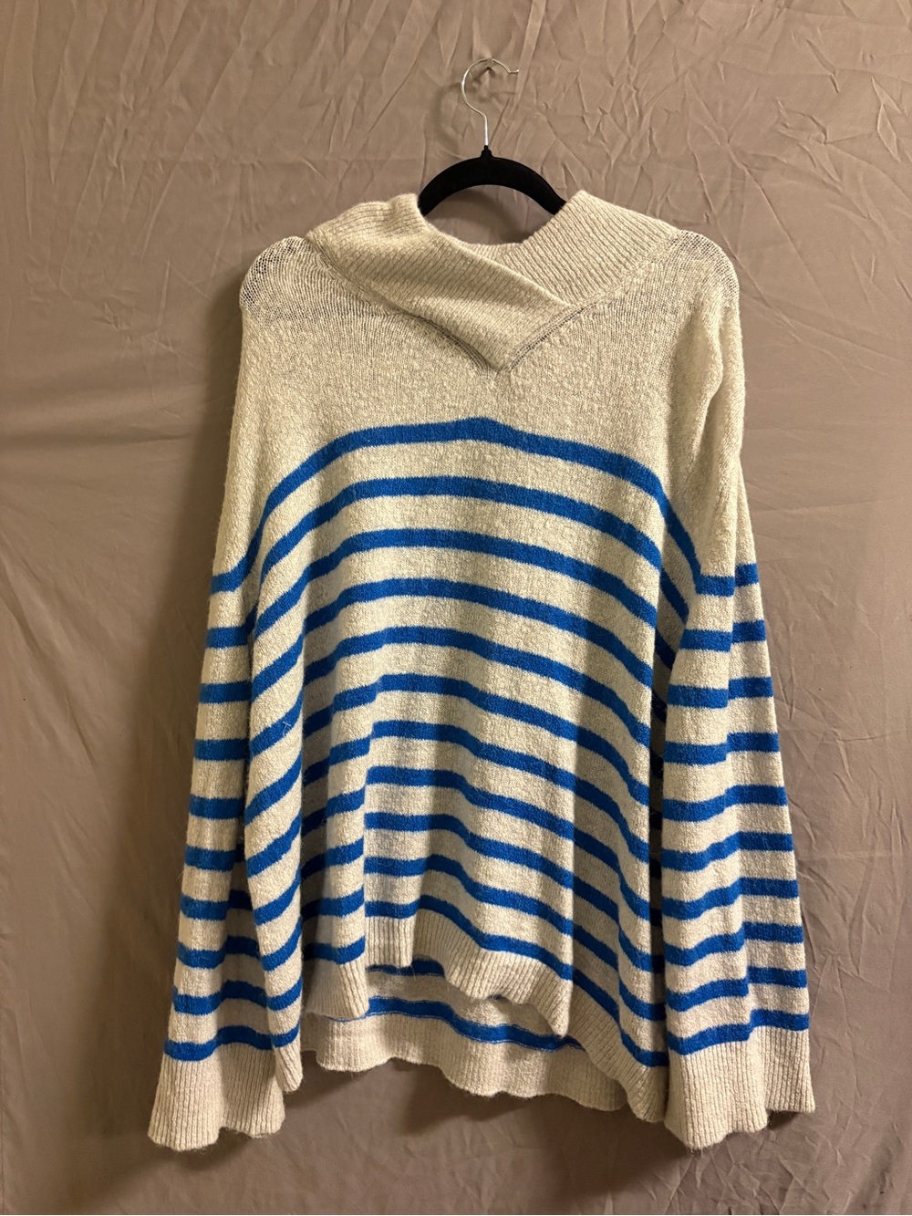 Striped Cowl Neck Sweater in Cream and Blue